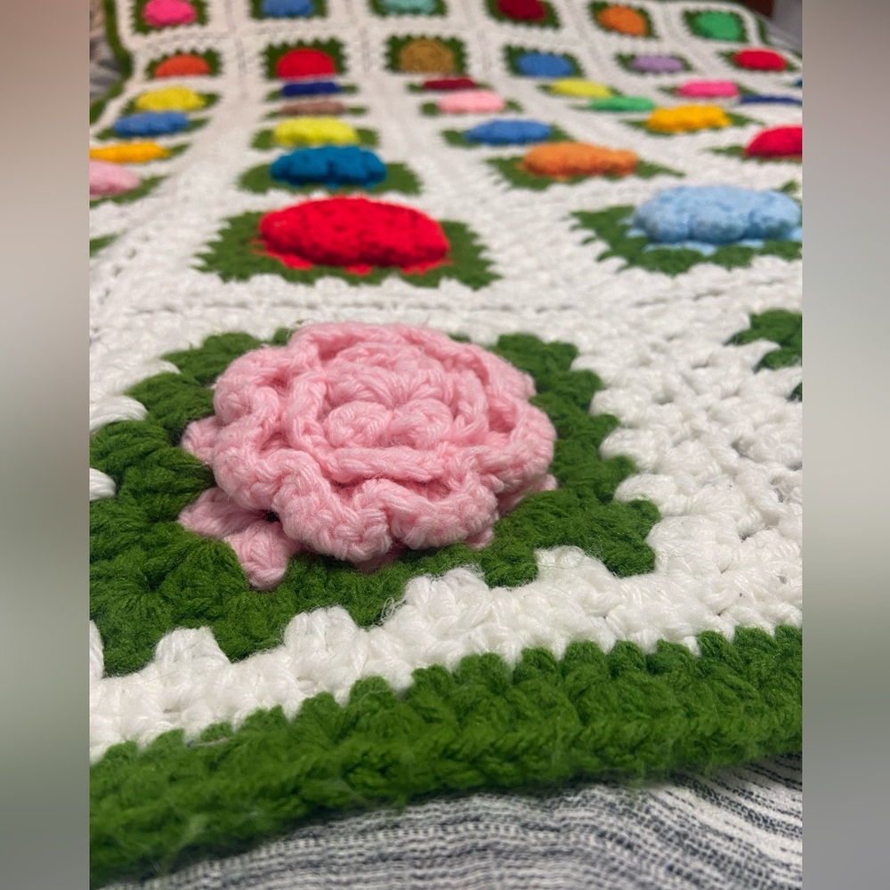 Vintage Handmade Crochet 3D Roses Granny Square Blanket Multicolor 50” x  67”